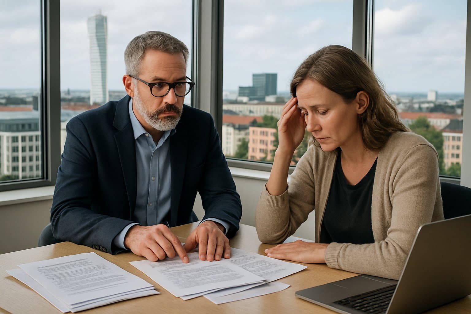 Två personer sitter vid ett skrivbord och diskuterar dokument i ett kontor med utsikt över Malmö.