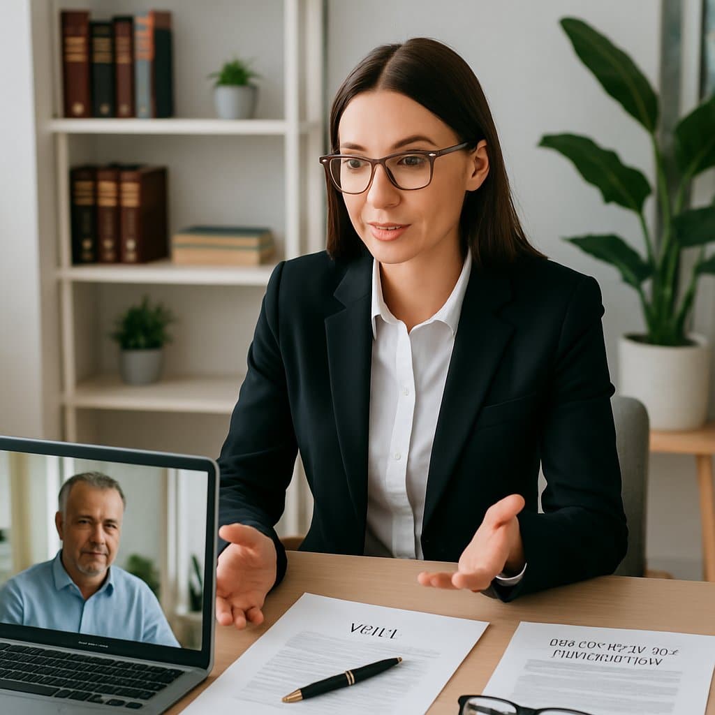 En kvinna sitter vid ett skrivbord med en laptop och juridiska dokument i ett kontor, engagerad i en online juridisk rådgivning.