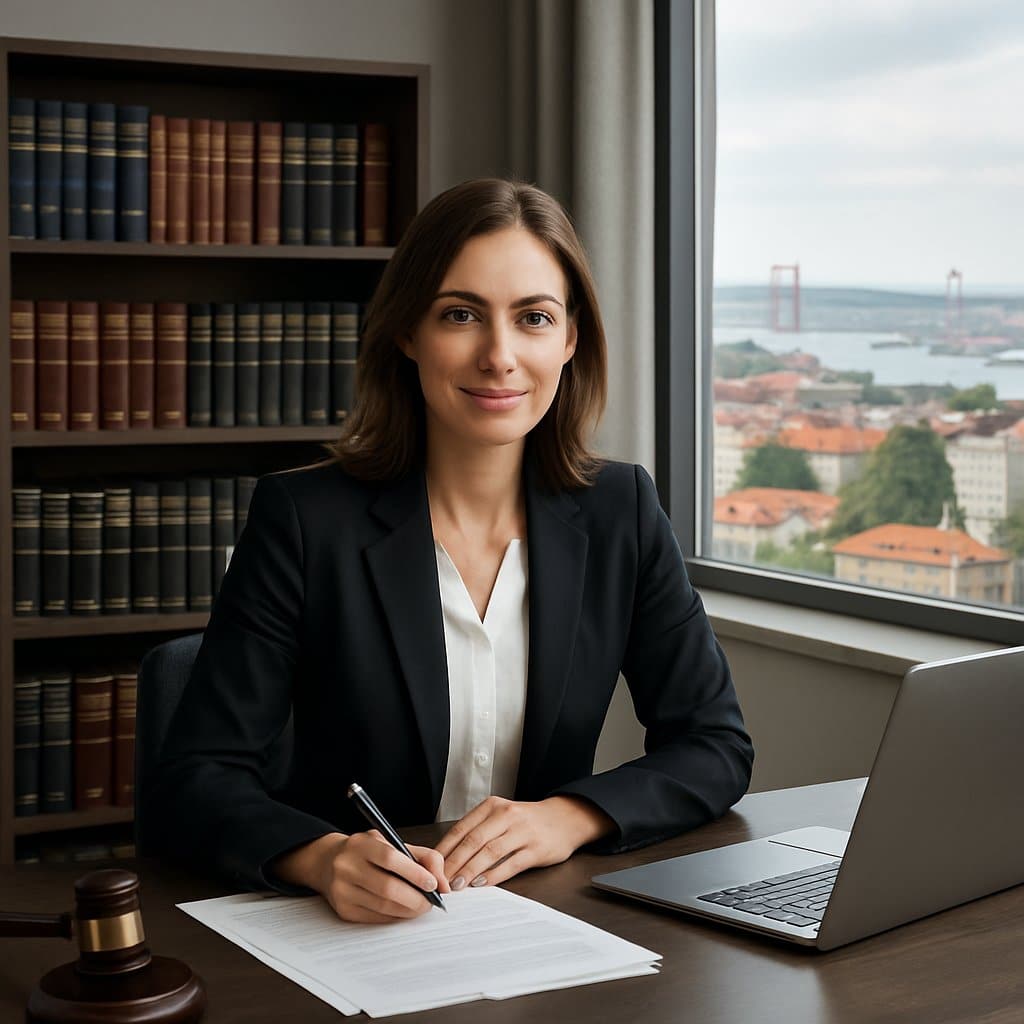 En kvinnlig jurist sitter vid ett skrivbord med juridiska dokument och en laptop i ett kontor med utsikt över Göteborg.