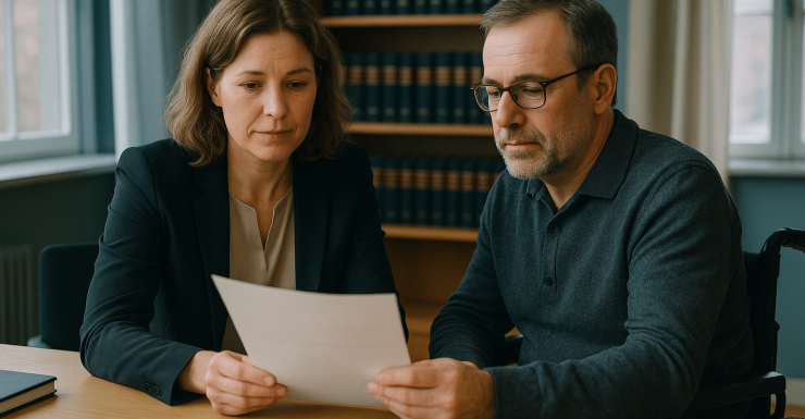 Två jurister från Jurist Stöd granskar noggrant ett juridiskt dokument vid ett skrivbord. Professionell rådgivning och trygghet inom juridik för Göteborg, Stockholm, Malmö och Örebro – din advokatpartner. Jurist Stöd 1.6180 AB - info@juriststod.se
