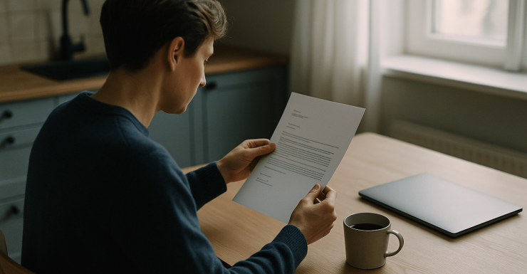 En jurist läser noggrant ett brev vid ett träbord med en kaffekopp och en bärbar dator framför sig. Juridisk rådgivning med trygghet och professionalism från Jurist Stöd i Göteborg, Stockholm, Malmö eller Örebro. Jurist Stöd 1.6180 AB - info@juriststod.se