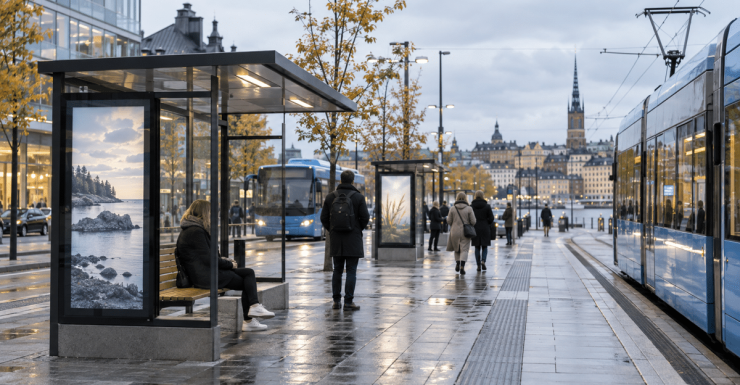 Hållplatskur och spårvagn som illustrerar hållplatsavtal och upphandling