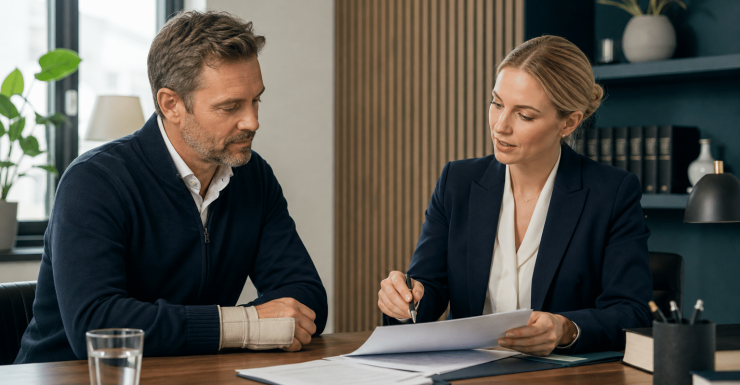 Klient med handledsstöd går igenom underlag om personskadeersättning tillsammans med en jurist.
