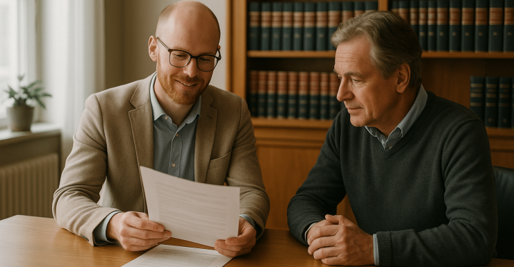 Jurist Stöd – en erfaren jurist i beige kavaj ger trygg och professionell juridisk rådgivning till klienten vid bordet. Förtroende, kompetens och personlig service i Göteborg, Stockholm, Malmö och Örebro. Jurist Stöd 1.6180 AB - info@juriststod.se