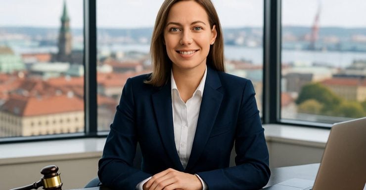 En kvinna som ser ut att vara jurist sitter vid ett skrivbord i ett kontor med utsikt över Göteborg.