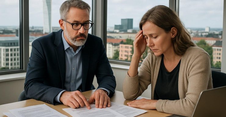Två personer sitter vid ett skrivbord och diskuterar dokument i ett kontor med utsikt över Malmö.