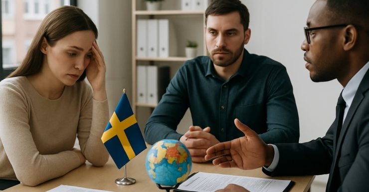 En allvarlig mötesituation med en mamma, pappa och jurist runt ett bord med dokument, en svensk flagga och en jordglob.